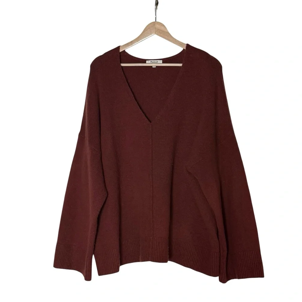 Madewell V Neck Wool Blend Knit Pullover Sweater Size XXL Burned Brown Cozy